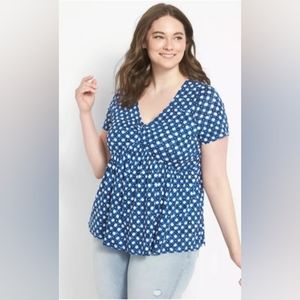 Lane Bryant Short Sleeve V-Neck Babydoll Top 18/20 Diamond Print*Never Worn*